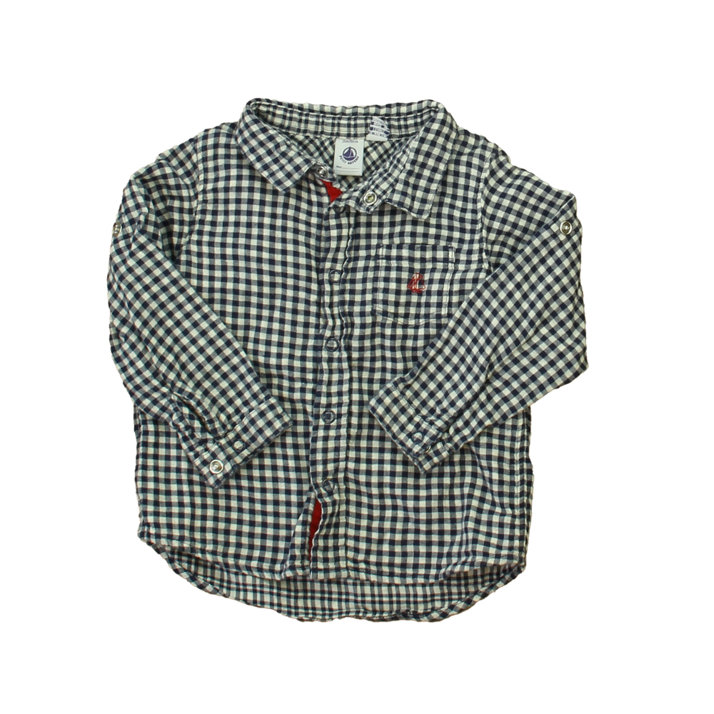 Petit Bateau Boys Blue | White Button Down Long Sleeve size: 24 Months